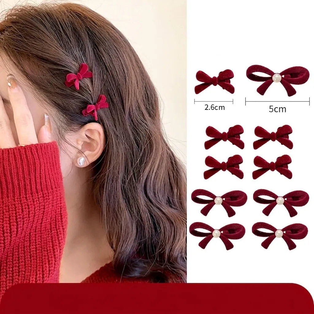 Velvet Bow Hair Clips Flocked Small Hair Claws With Faux Artificial Pearl Retro Red Black Side Pins Women Girls Elegant Accessories