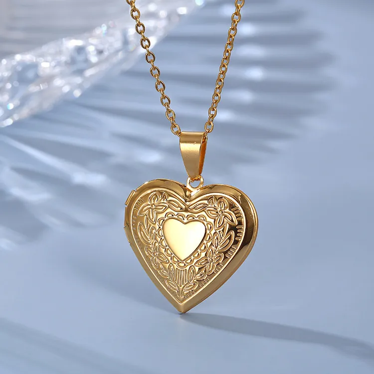 Stainless Steel Heart Photo Locket Necklace Engraved Flower Pattern Vintage Commemorative Memorial Jewelry For Women