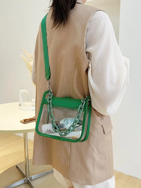 Women Transparent PVC Jelly Bag Fashion Waterproof Square Shoulder Messenger Bag With Chunky Chain And Wide Strap Casual Stylish