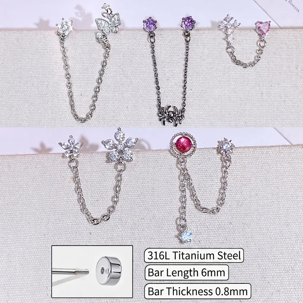 316L Stainless Steel Rhinestone Chain Cartilage Stud Earring For Women Men Butterfly Spider Heart Star Screw Back Jewelry