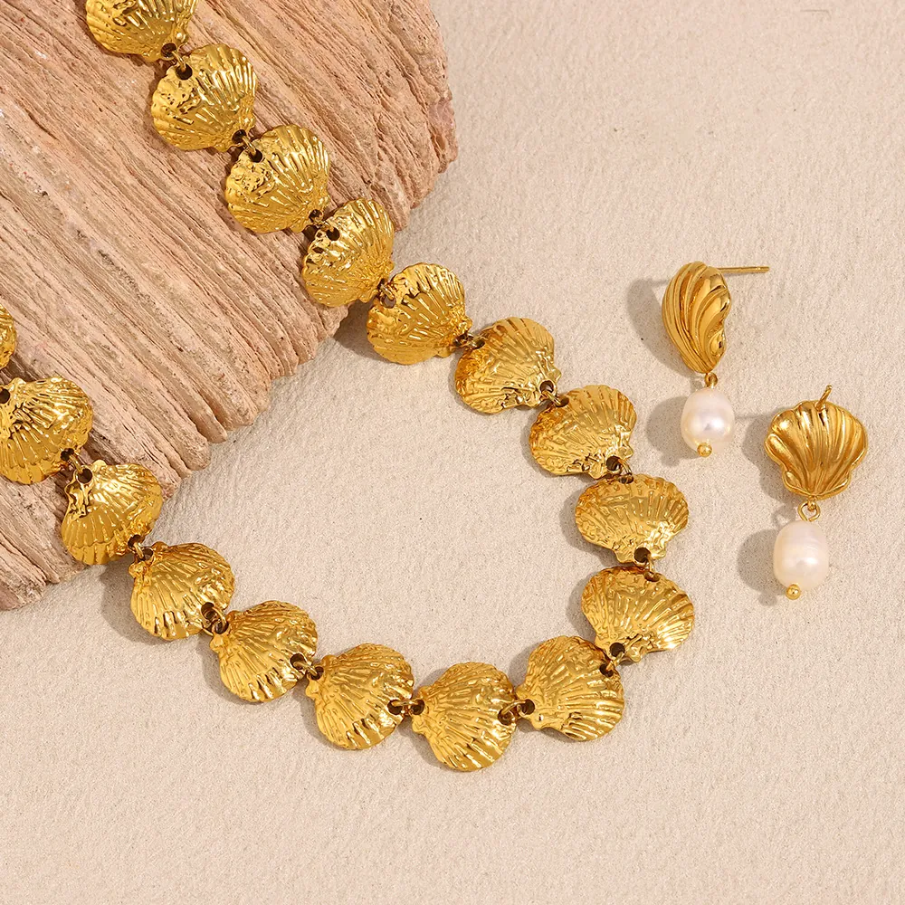 Collier Et Boucles D'oreilles Coquille Saint Jacques Pour Femmes Acier Inoxydable Plaqué Or 18K Künstliche Perle Style Vintage
