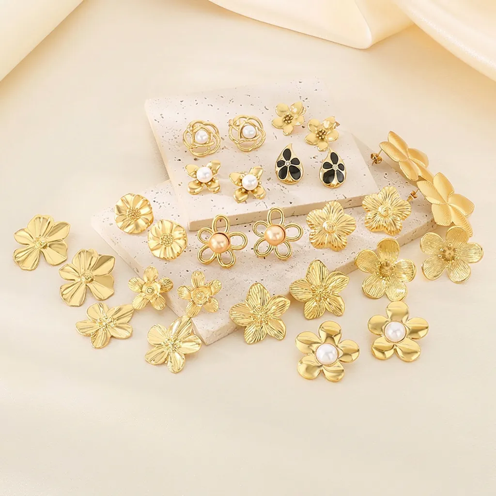 French Style Floral Petal Earrings Textured Stainless Steel Gold Plated Stud Drop Jewelry With Artificial Pearl Enamel For Women