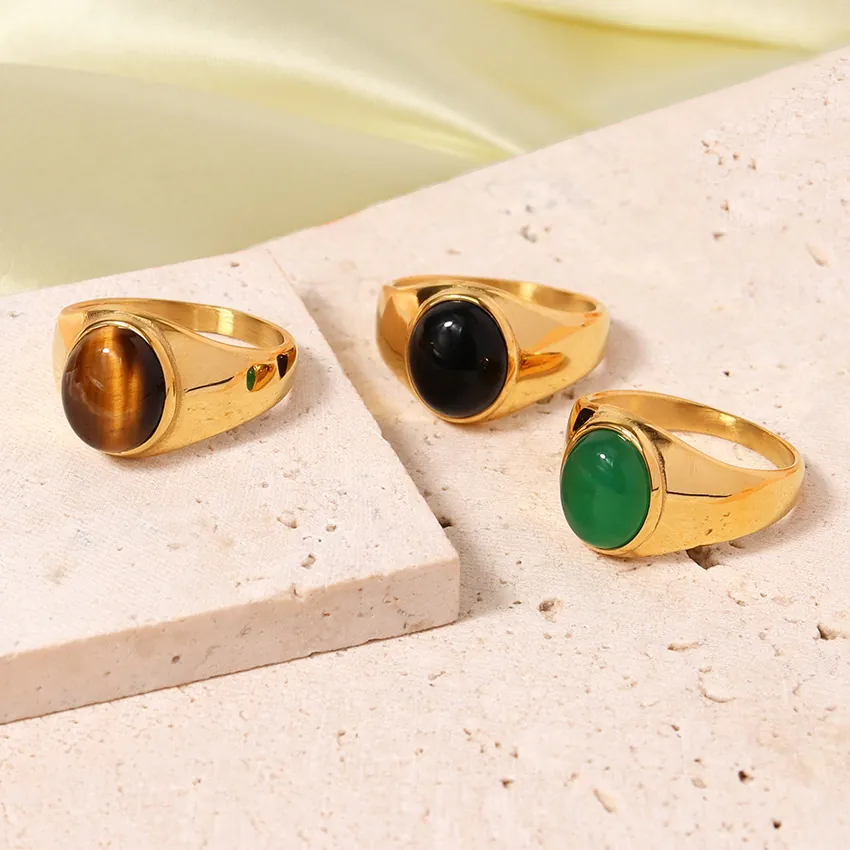 Vintage Signet Ring Oval Tiger Eye Obsidian Stone 18K Gold Plated Stainless Steel Polished Statement Jewelry Men Women