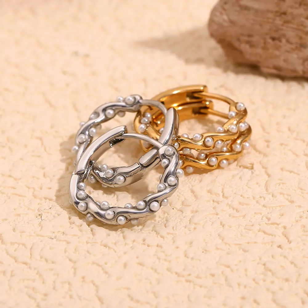 Irregular Twisted Hoop Earrings Stainless Steel 18K Gold Plated Artificial Pearl Textured Wave Retro Vintage Elegant For Women