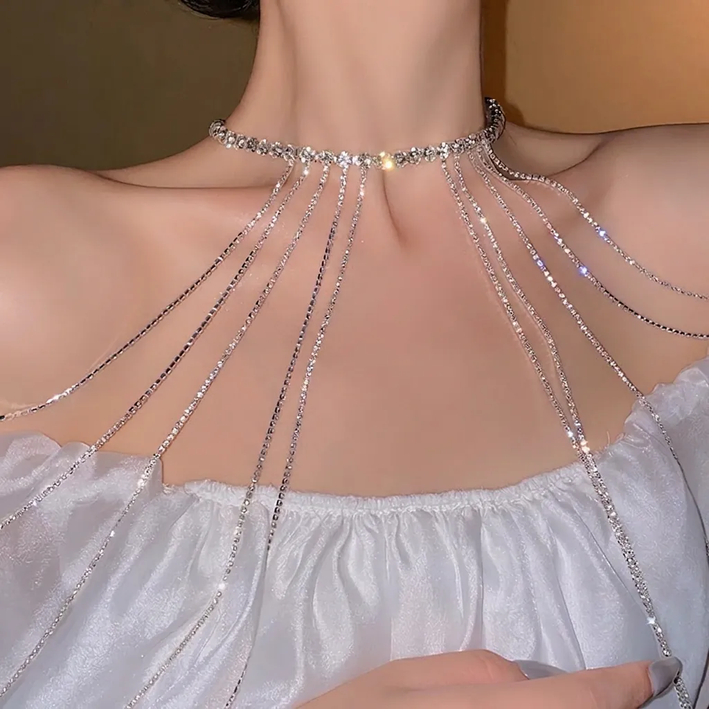 Collier Long À Franges En Strass Étincelants Chaîne De Corps À Glands En Alliage Pour Femme Bijoux De Fête