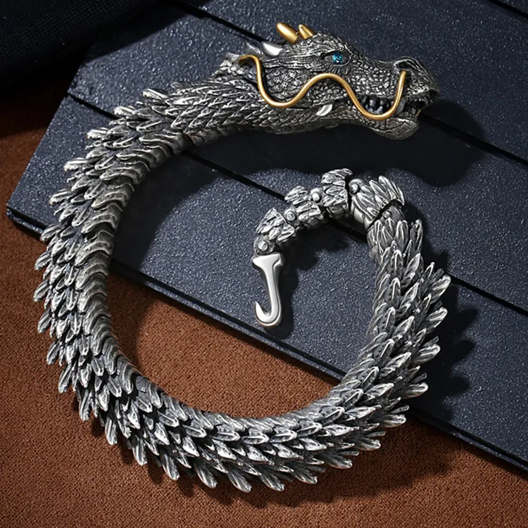 Vintage Dragon Bracelet Retro Dragon Head Bangle Copper Antique Silver Finish Gold Accents Blue Stone Eyes Unisex Accessory
