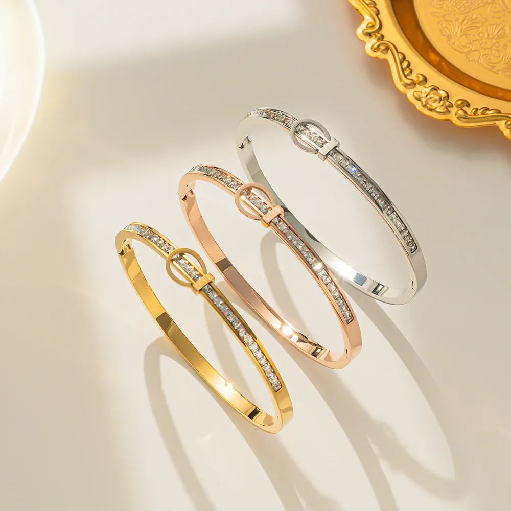 Minimalist Titanium Steel Love Bangle Bracelet For Women Pave Rhinestone Belt Buckle Style Fashion Jewelry Inscribed Hand Cuff