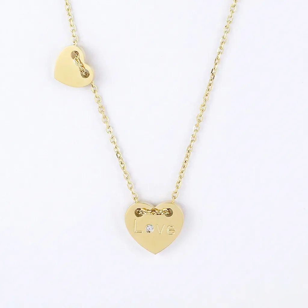 Herz Halskette Titanstahl Doppelherz Liebe Graviert Rhinestone Schlüsselbeinkette Minimalistischer Schmuck Damen