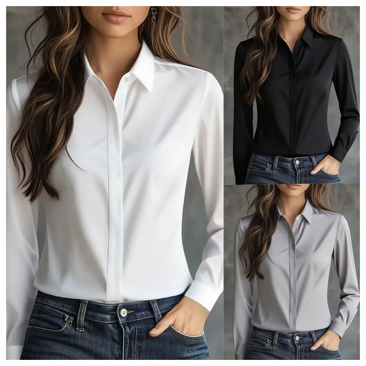 Women Satin Blouse Shirt Long Sleeve Lapel V Neck Solid Color Button Up Office Elegant Commuter Top