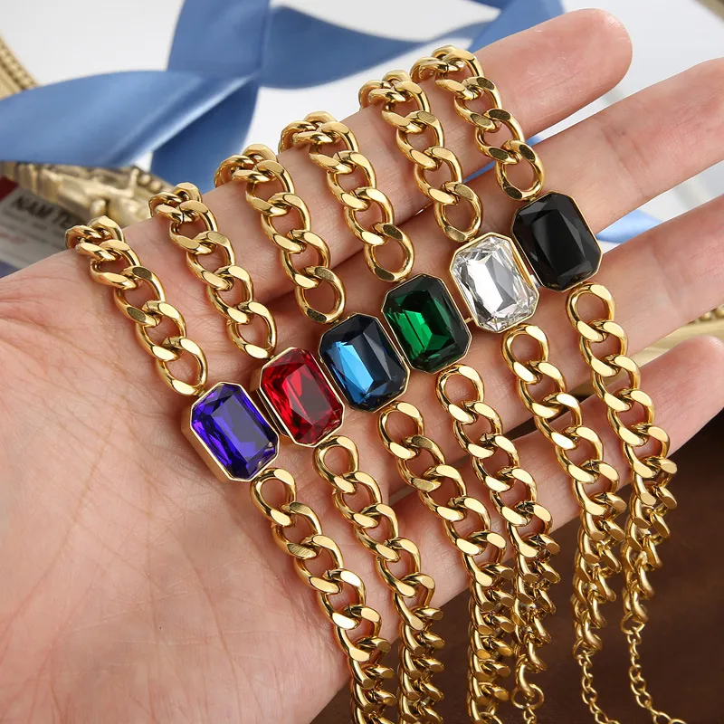 Bracelet Acier Inoxydable Plaqué Or 18K Verre Cristal Rectangulaire Maille Gourmette Rétro Femme Élégant Ajustable Bijoux