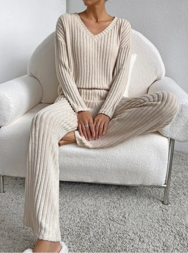 Women Ribbed Knit Two Piece Set Casual V-Neck Long Sleeve Top And Wide Leg Pants Soft Homewear Loungewear Set For Autumn Winter