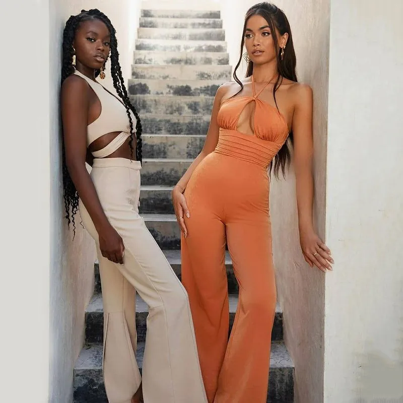 Women Sexy Halter Neck Cut-Out Jumpsuit Backless Ruched High Waist Wide Leg Streetwear Polyester