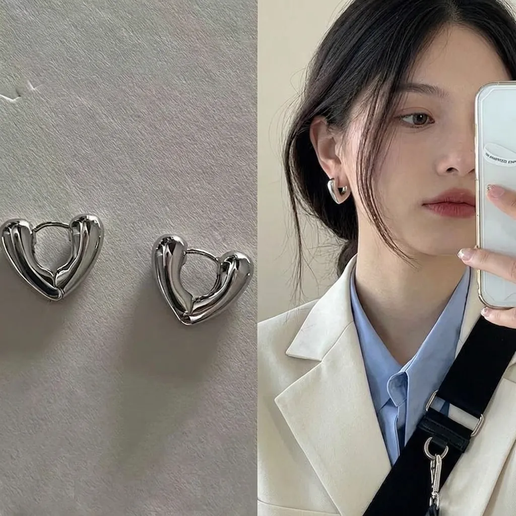 Heart Hoop Earrings 3D Geometric Copper Minimalist Elegant Romantic Jewelry For Women