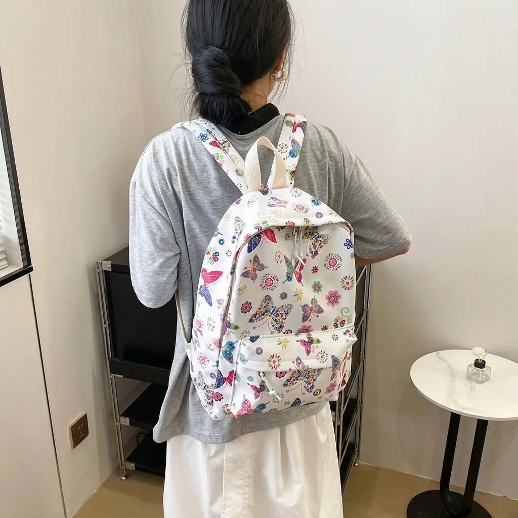 Zaino Stampa Farfalla Floreale Nylon Borsa Scuola Per Ragazze Adolescenti Bambini Leggero Viaggio Stile Coreano