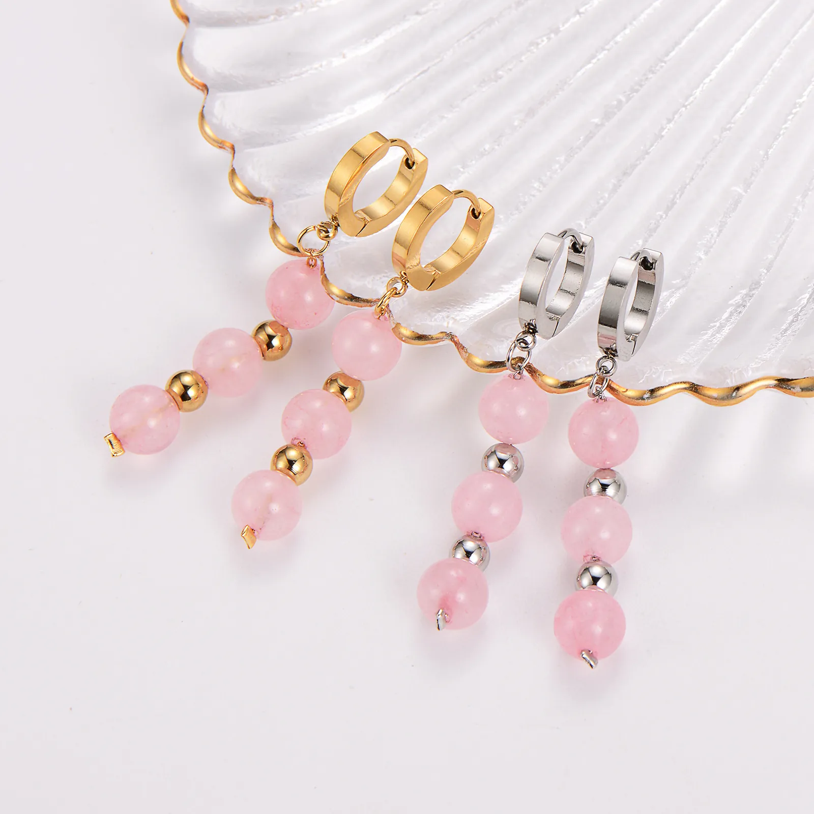 Dangle Hoop Earrings 304 Stainless Steel Pink Crystal Beads Summer Beach Vacation Style Jewelry For Women