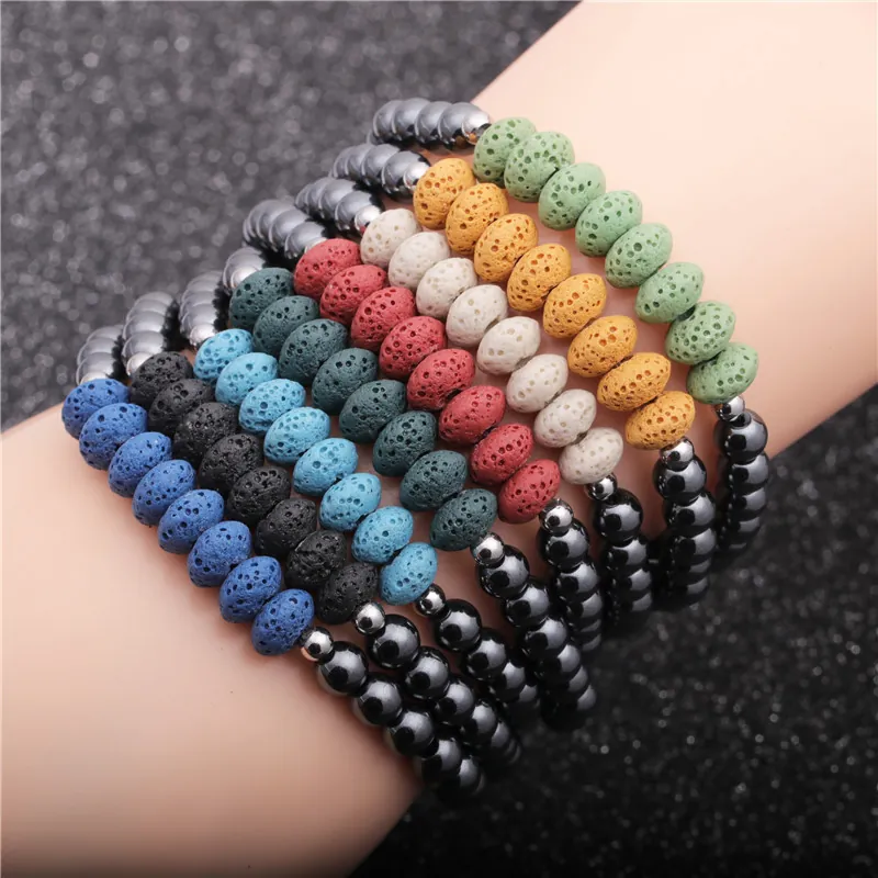 Lava Stone Hematite Beaded Bracelet Handmade Volcanic Rock Healing Elastic Jewelry For Men Women