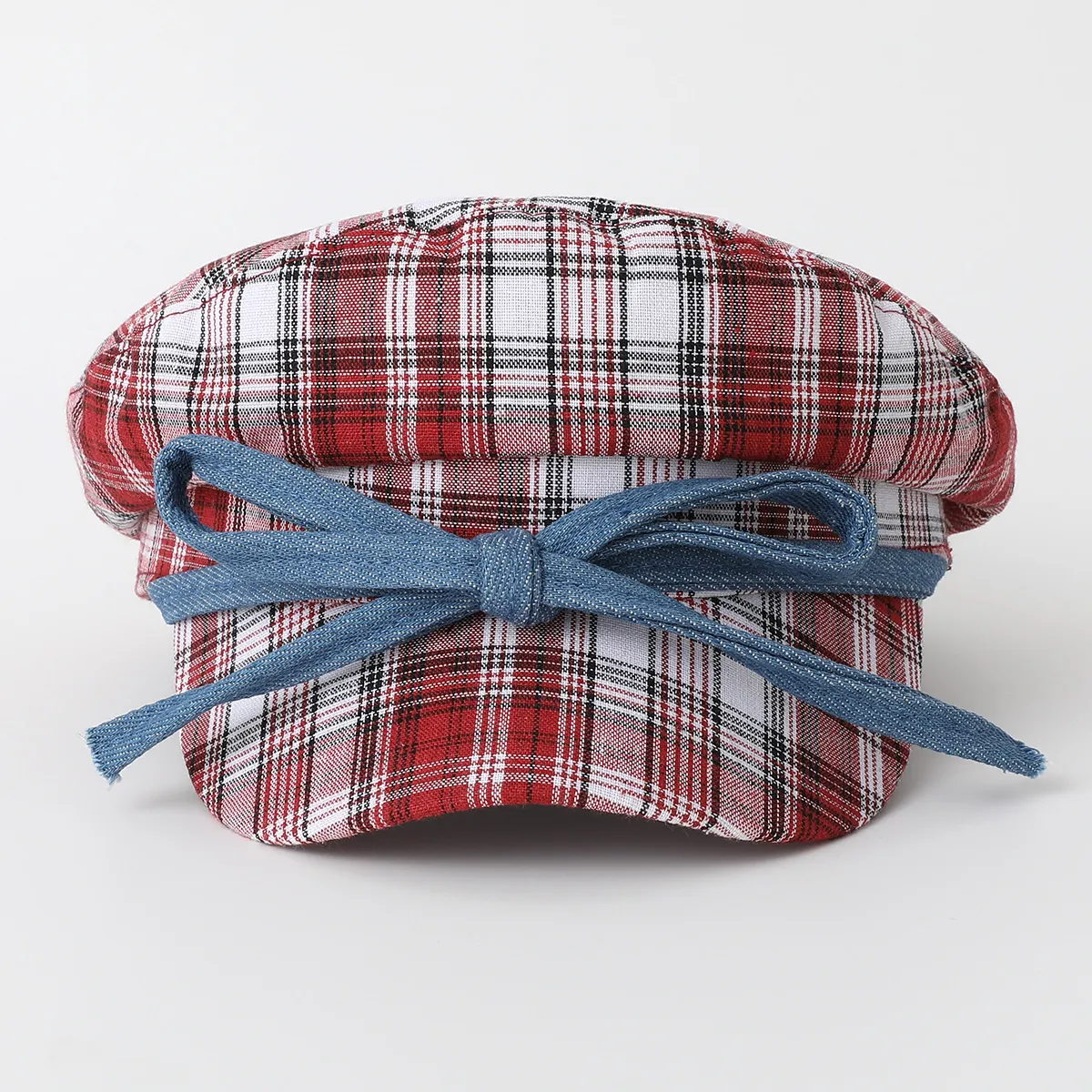 British Retro Newsboy Cap Women Cotton Polyester Red White Checkered Pattern Denim Bow Flat Top Sweet Vintage Hat