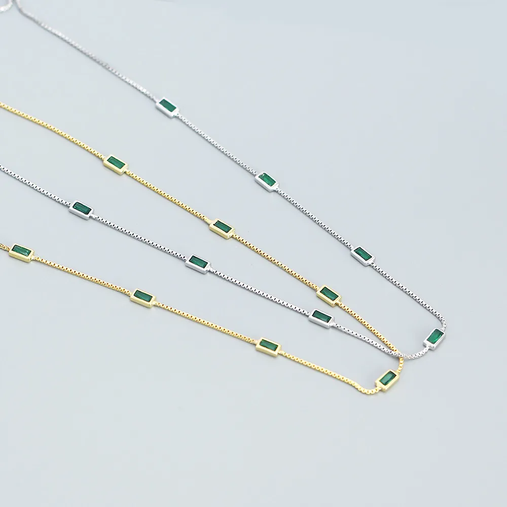 925 Sterling Silver Green Rectangular Gemstone Necklace Minimalist Adjustable Box Chain Clavicle Jewelry For Women