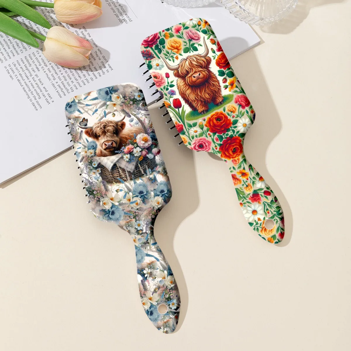 Spazzola Per Capelli A Cuscino D'Aria Pettine Massaggiante Districante Plastica ABS Stampa Mucca Highland Fiori Stile Western