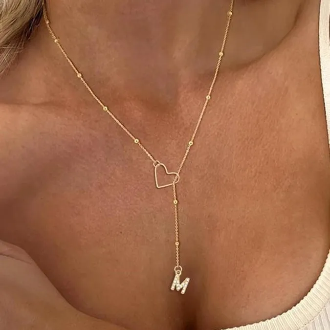 Alphabet Initial Necklace Copper Rhinestone Hollow Heart Y-Shape Clavicle Bead Chain For Women Elegant Accessory