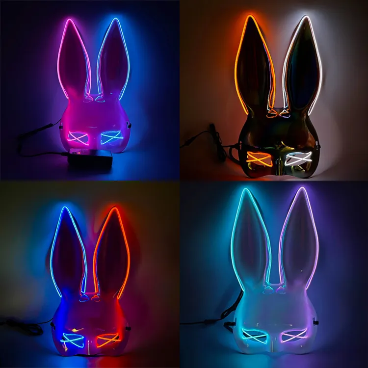 LED Glowing Bunny Mask Plastic Rabbit Ears Dual Color Light Up Halloween Party Cosplay Costume Cyberpunk Novelty