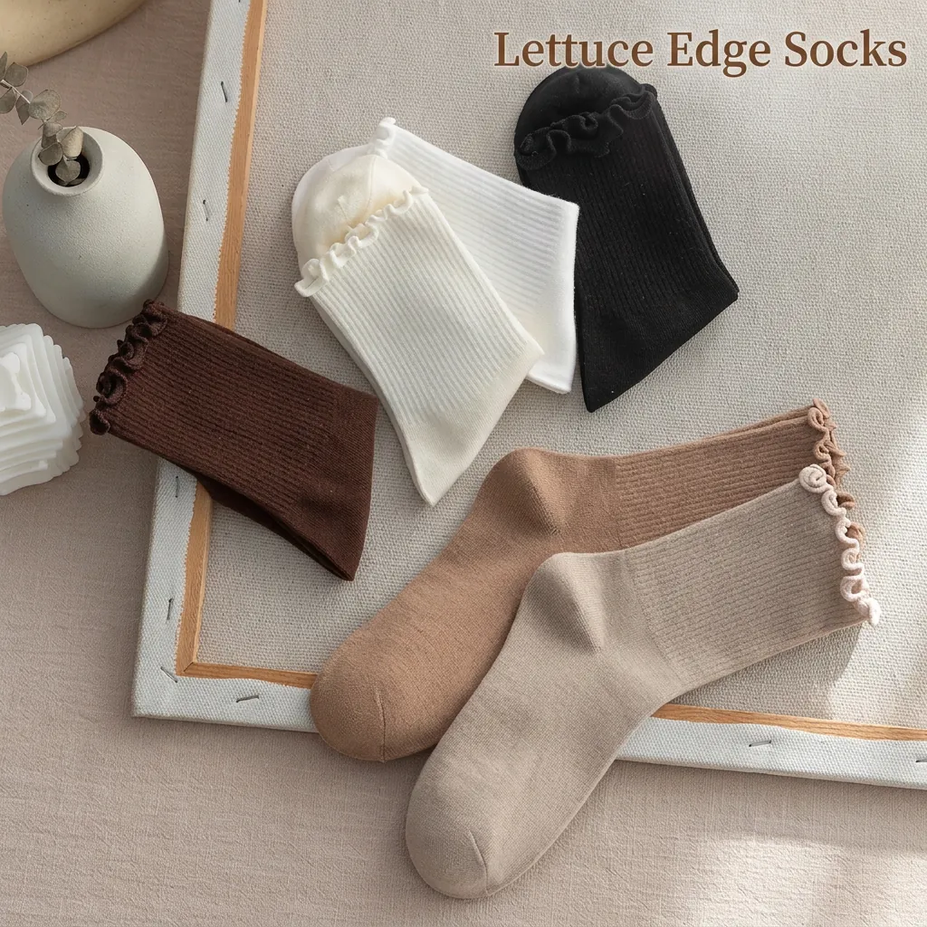Women Japanese Style Wood Ear Edge Crew Socks Solid Color Ribbed Ruffle Mid Calf Socks Fashion Soft Breathable Daily Socks