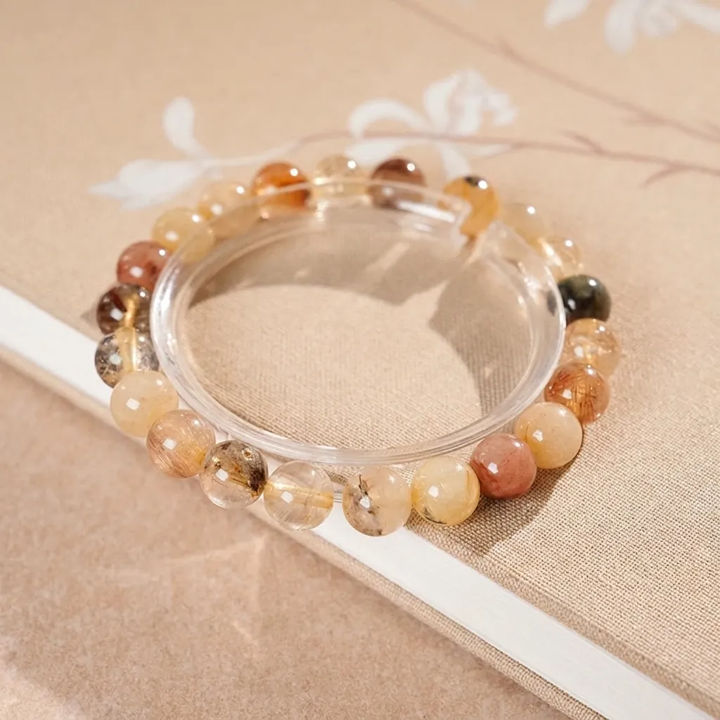 Bracelet En Perles Rondes De Quartz Rutilé Naturel Fait Main Élastique Bijoux Vintage Élégants Pour Femmes