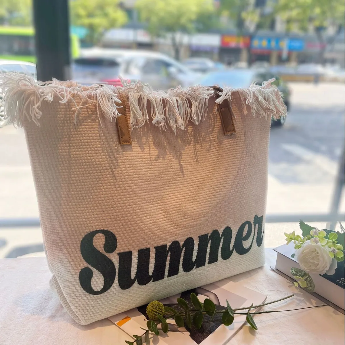 Große Sommer Quasten Strandtasche Canvas Gewebt Tragetasche Mit Ledergriffen Farbverlauf Fransen Reisetasche Für Damen