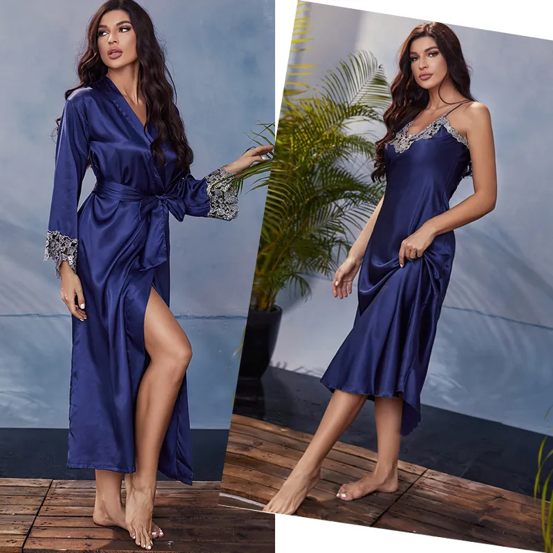 Women Satin Faux Satin Slip Nightdress And Long Robe Lace Trim Sexy Elegant Loungewear For Sleep Home In Spring Autumn