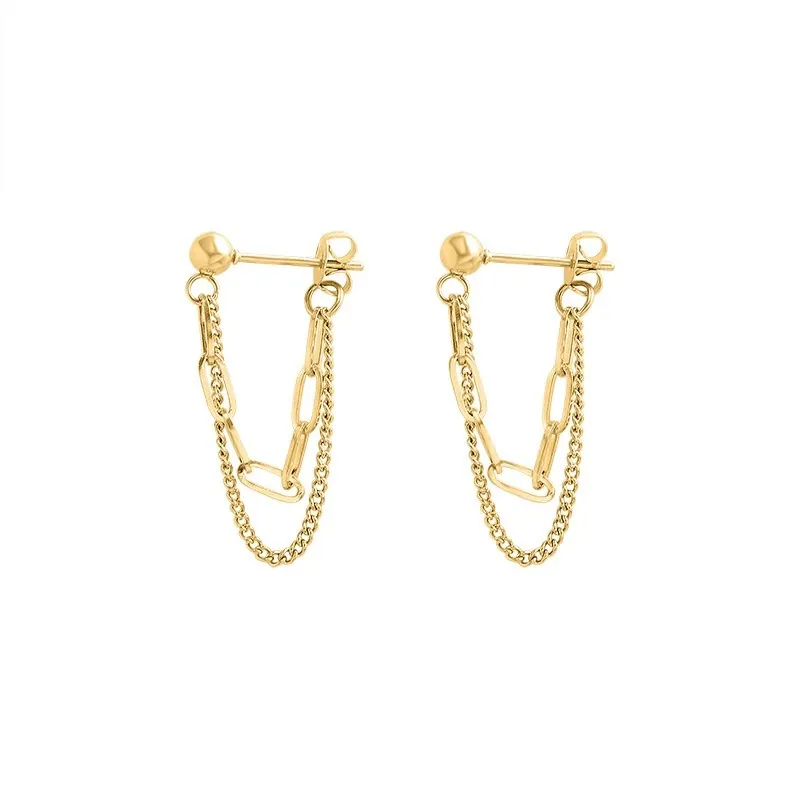 Stainless Steel Double Layer Chain Tassel Stud Earrings For Women Retro Geometric Minimalist Ball Earrings