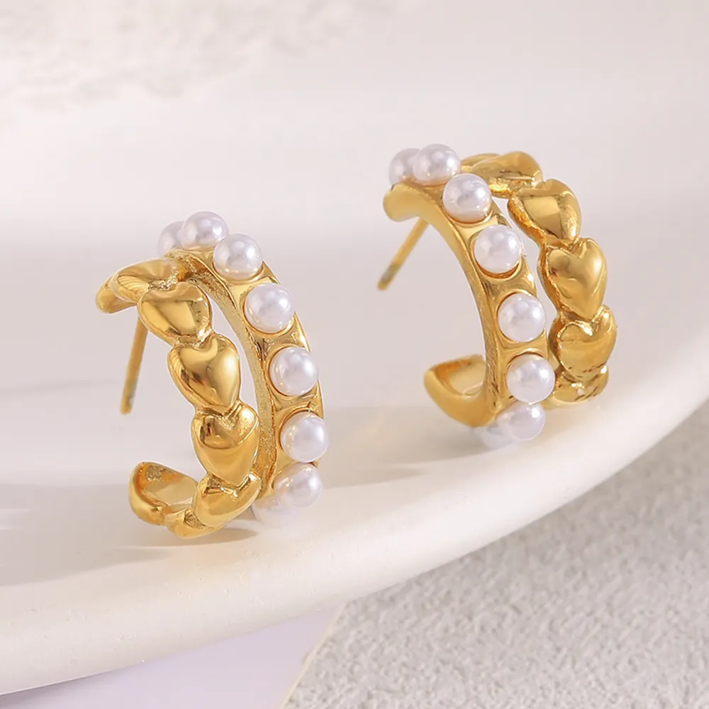 Orecchini A Cerchio Retro Francesi Acciaio Inossidabile Placcato Oro 18K Bordo A Cuore Perla Artificial Sintetica Gioielli Eleganti