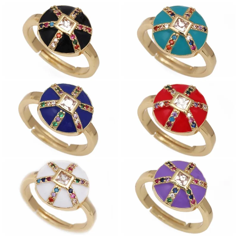 Bague Ouverte Ajustable Bohème Cuivre Plaqué Or Émail Zircon Carré Style Palais Vintage Bijoux Pour Femmes