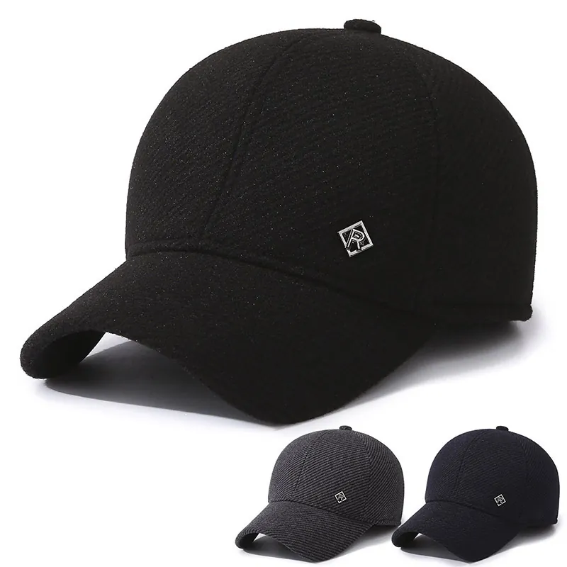 Men Winter Warm Baseball Cap With Ear Flaps Thickened Woolen Cotton Outdoor Windproof Middle Aged Men Daily Casual Fashion Peak Cap
