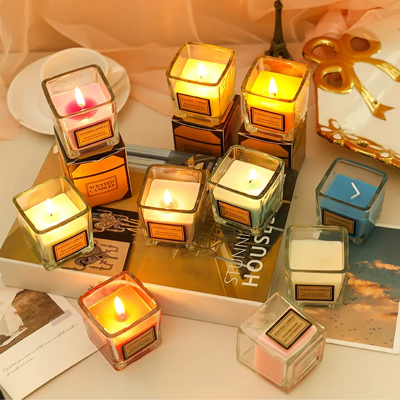 Scented Candle Aromatherapy Square Glass Jar Plant Wax Natural Fragrance Home Decor Desktop Ornament Colorful Fresh Aroma