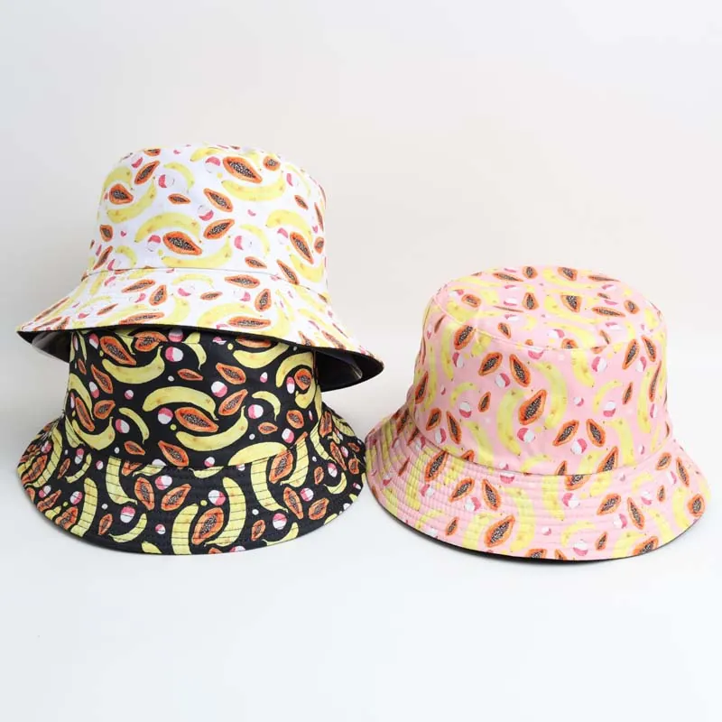 Tropical Fruit Print Bucket Hat For Women Banana Papaya Lychee Pattern Polyester Casual Outdoor Sun Protection Beach Basin Hat