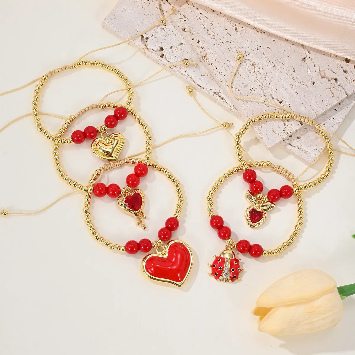 Beaded Bracelet With 18K Gold Plated Copper Heart And Ladybug Charms Adjustable Rope Fashion Jewelry For Women