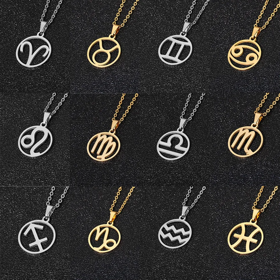 Zodiac Sign Pendant Necklace Round Hollow Stainless Steel Constellation Astrological Symbols Jewelry For Men Women