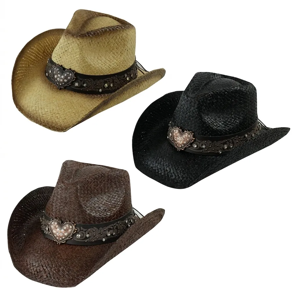 Straw Cowboy Hat Woven Breathable Sunshade Heart Rhinestone Buckle Retro Western Style Outdoor Fashion