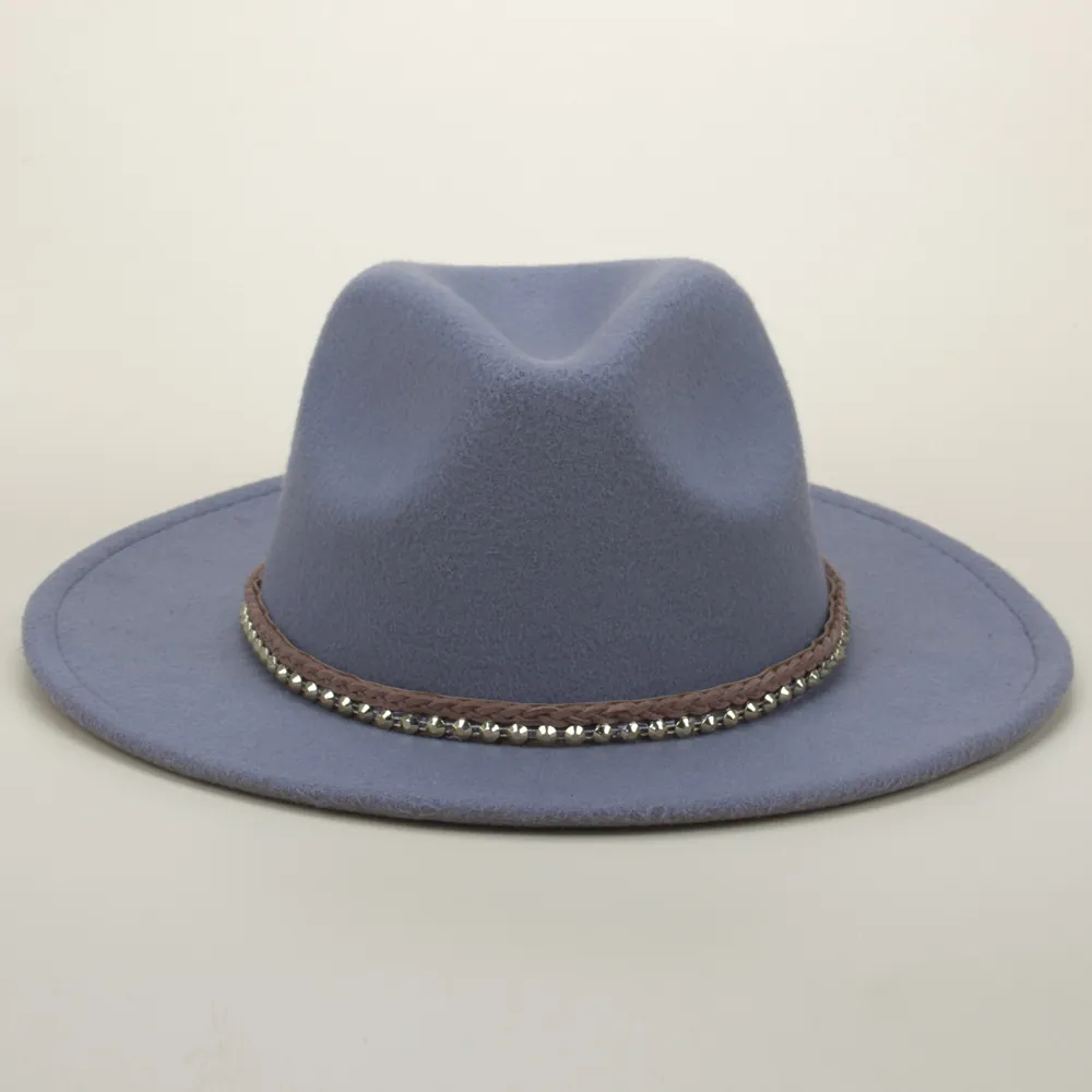 Fedora Hat Woolen Felt Wide Brim Braided Band Metallic Studs Vintage Autumn Winter Fashion Women Outdoor