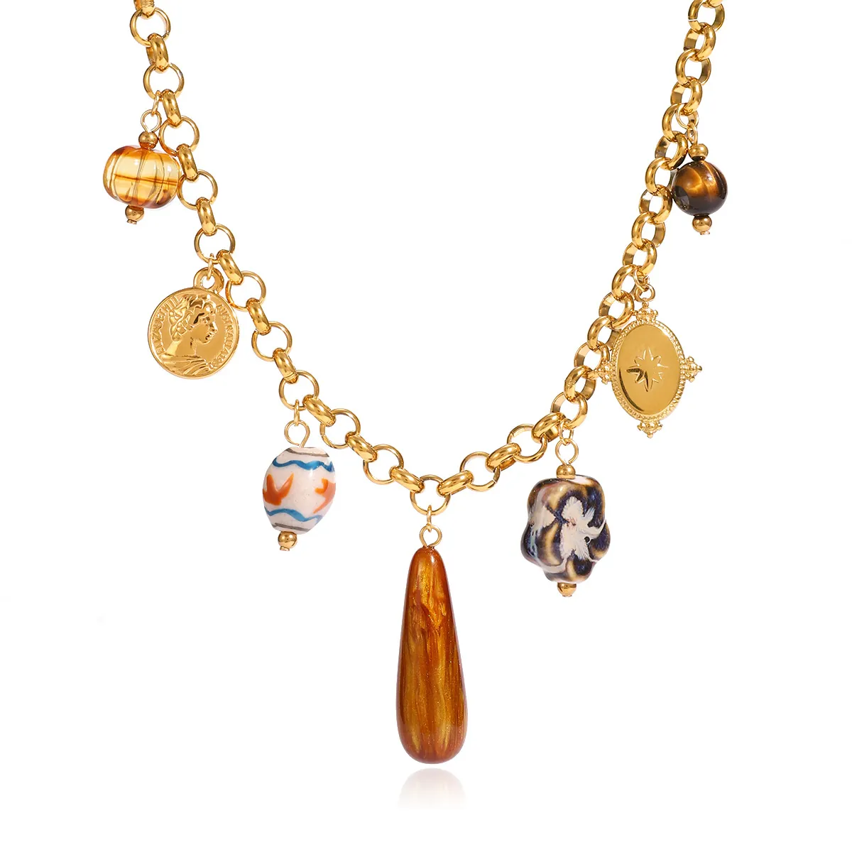 Collier Vintage en Acier Inoxydable Multi Pendentifs pour Femmes Bohémien Plaqué Or Pierre d'Oeil de Tigre Bijoux