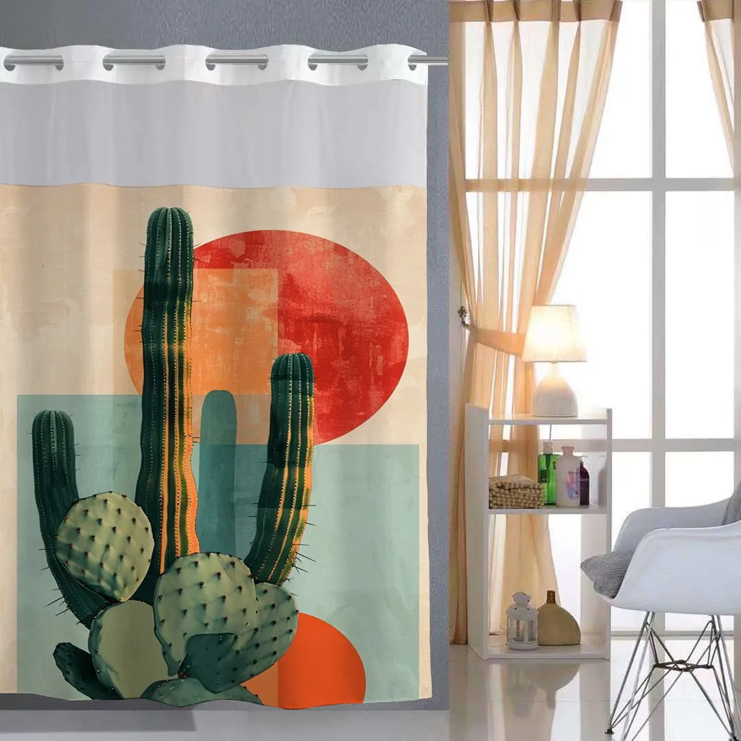 Cactus Floral Shower Curtain Waterproof Polyester Waffle Weave Snap In Liner Weighted Magnet Hookless Design Bathroom Decor
