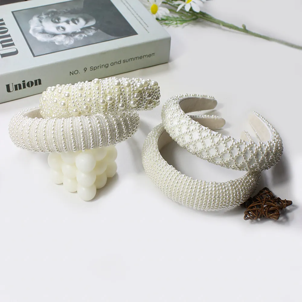 Elegant Artificial Pearl Padded Headband For Women Sweet Thick Sponge Hair Hoop Non Slip Retro Fashion Hair Accessories