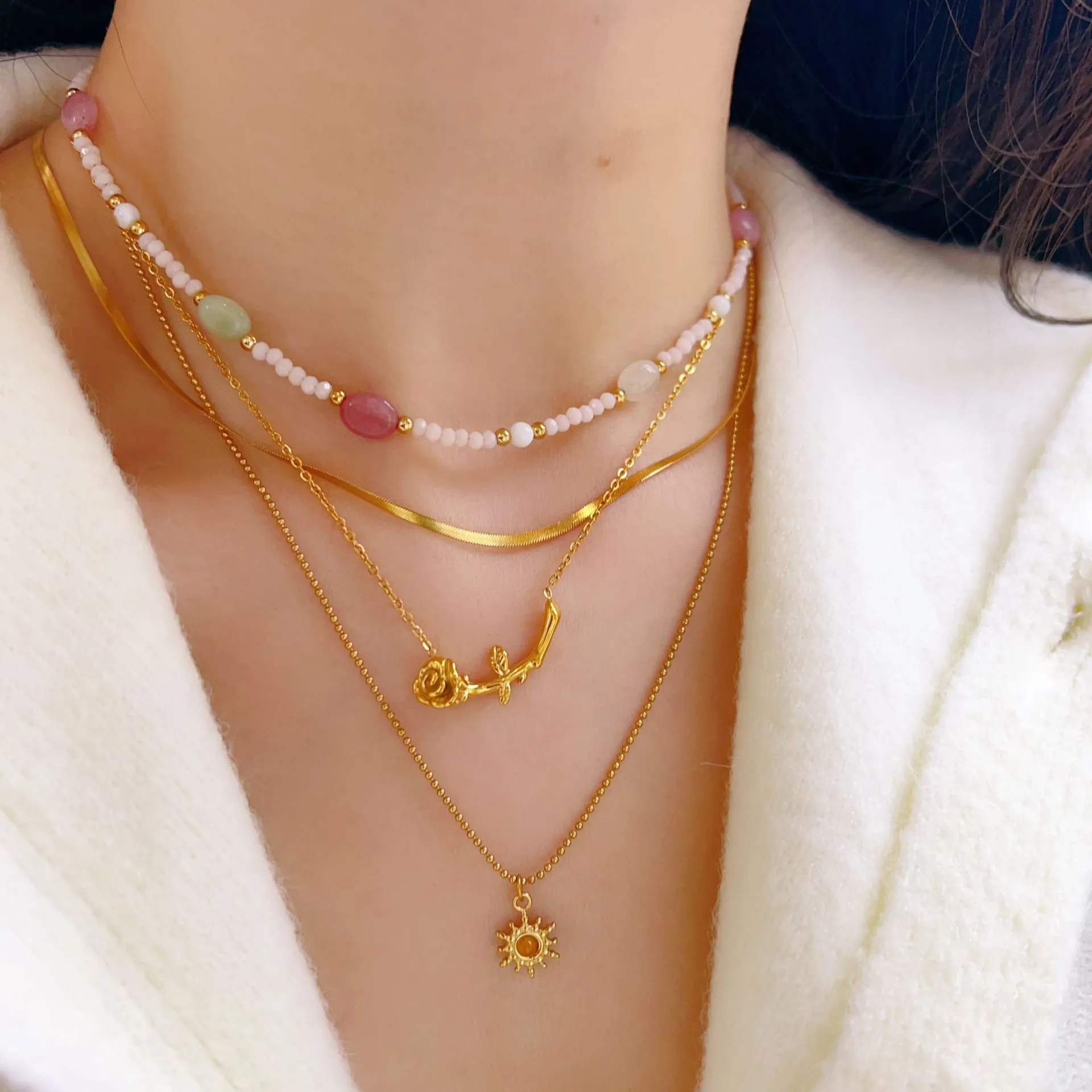 Stainless Steel Layered Necklaces Colorful Beaded Clavicle Chain Rose And Sun Pendants Fashion Jewelry For Women