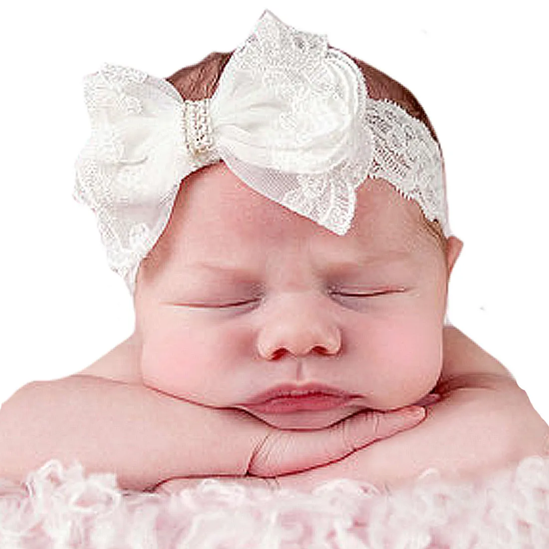Baby Headband Lace Big Bow Artificial Pearl Rhinestone Elastic Infant Newborn Girl Hair Accessories Photography Props