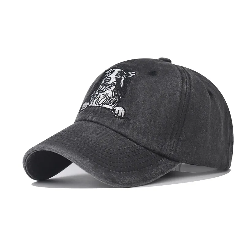 Washed Cotton Baseball Cap Embroidered Dog Cat Peeking Animal Pattern Adjustable Vintage Distressed Sun Hat Unisex Casual