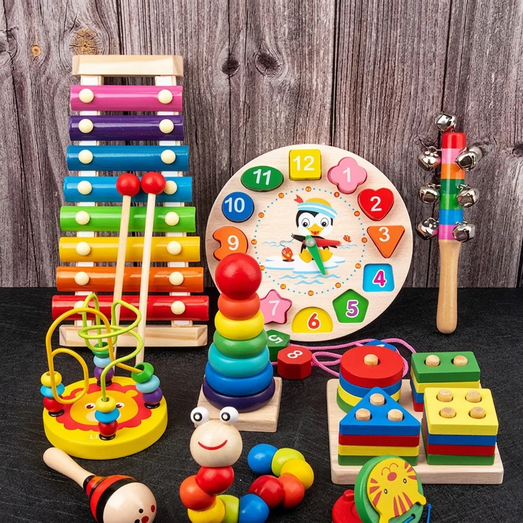 Montessori Wooden Educational Toys Stacking Blocks Xylophone Clock Bead Maze Fine Motor Skills Early Learning Toddlers