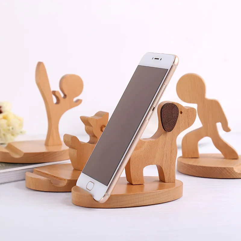 Holz Handyhalter Hund Form Buchenholz Niedliche Karikatur Desktop Smartphone Ständer Dekor Heim Büro Schmuck