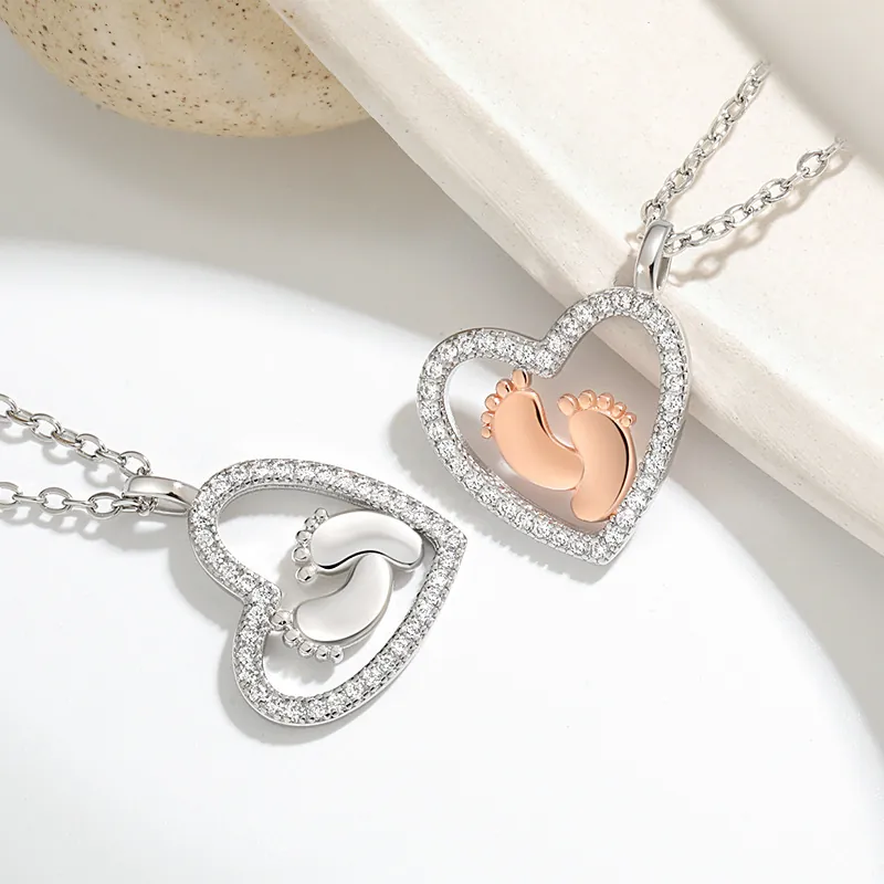 Heart Shaped Baby Footprints Pendant Necklace Copper Rhinestone Two Tone Mother Daughter Son Memorial Gift Fashion Jewelry