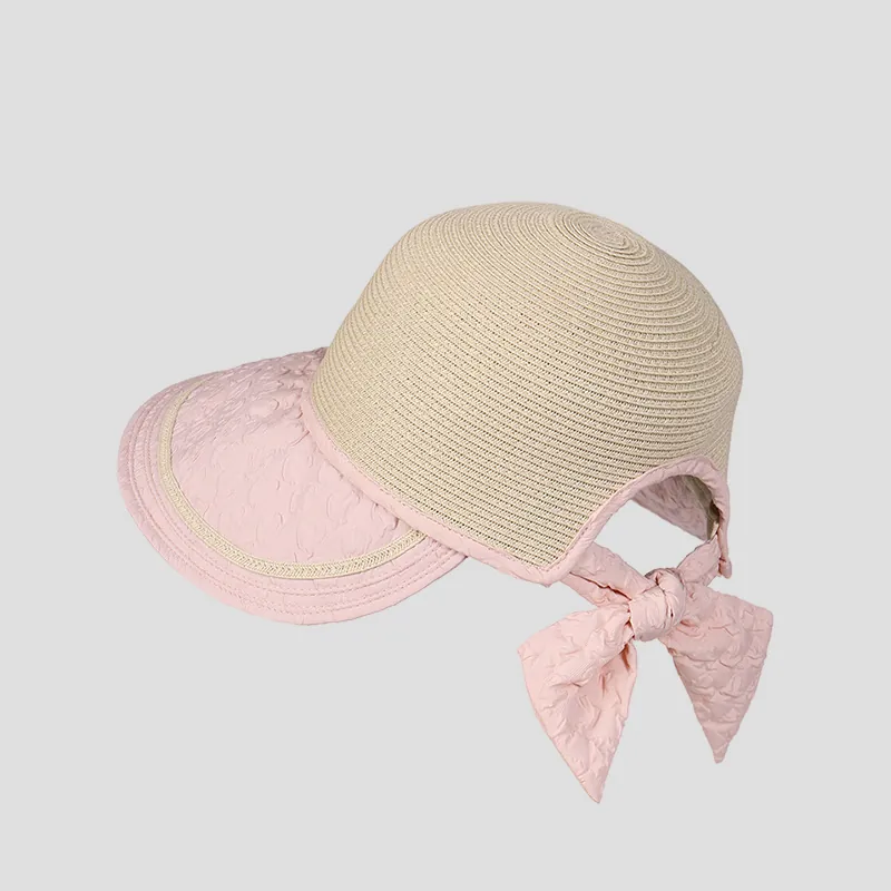 Women Straw Fabric Patchwork Sun Hat Foldable Wide Brim Bowknot Decor Summer Beach Elegant Sweet Breathable Visor