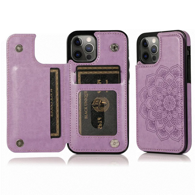 Mandala Embossed Leather Wallet Phone Case for iPhone 16 Pro Max 15 14 13 Samsung Kickstand Shockproof Flip Card Cover